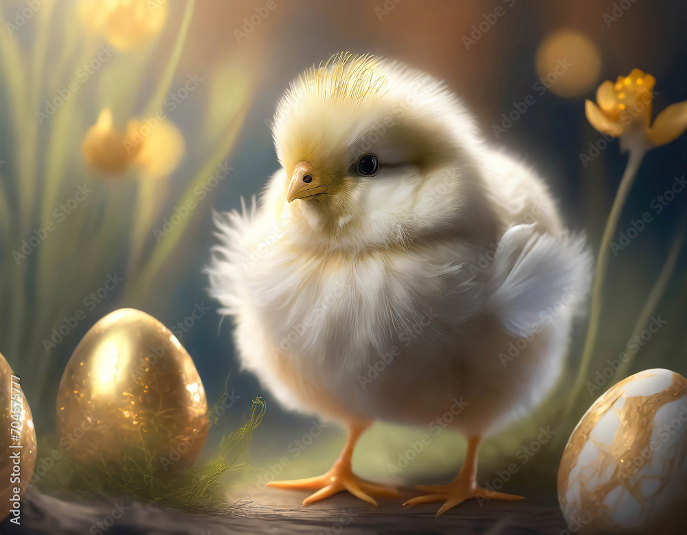 Easter chick and Easter eggs. Spring and Easter background. 