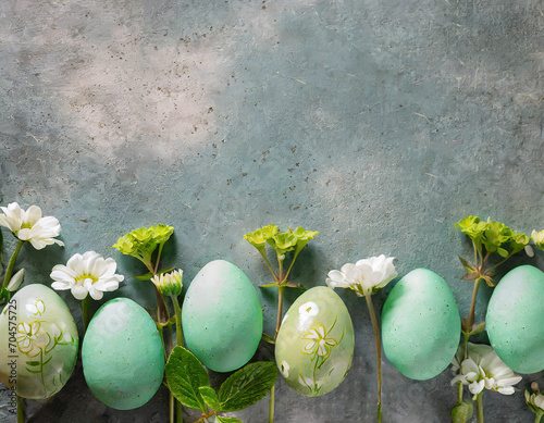 Easter background with border made of spring flowers and mint green Easter eggs, copy space, top view