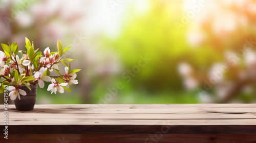 Empty wooden table with blurred spring background.Generative AI