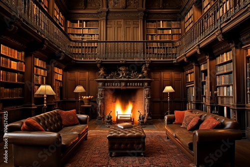 Cozy Ambiance of an Old English Library with Towering Bookshelves and a Crackling Fireplace