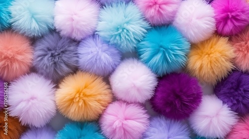 A view of pom poms that are both colorful and fluffy at the top. photo