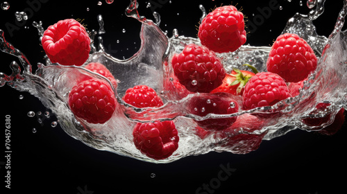 Smooth Fresh ripe organic red raspberry Fruits falling into water and splashes created with Generative AI Technology