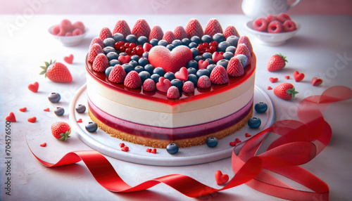 Delicious heart shaped cake with fresh berries for Valentine's day holiday photo
