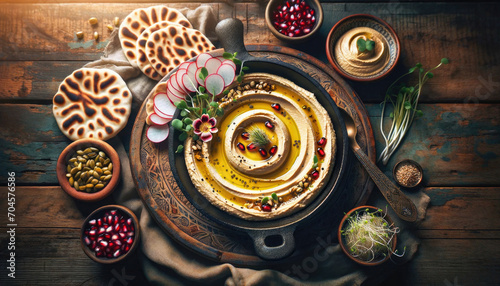 Creamy spread of hummus with olive oil and seed of pomegranate