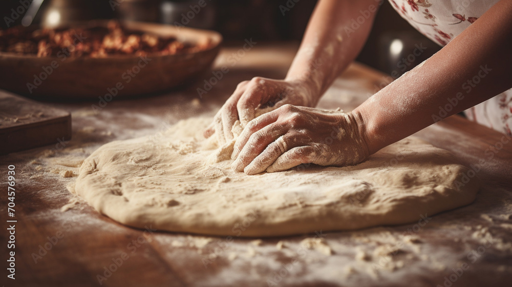 An experienced chef in a professional kitchen prepares dough with flour for cooking. Generative AI An experienced chef in a professional kitchen prepares dough with flour for cooking. Generative AI