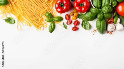 A white table is the backdrop for top view of raw pasta with greens and vegetables.