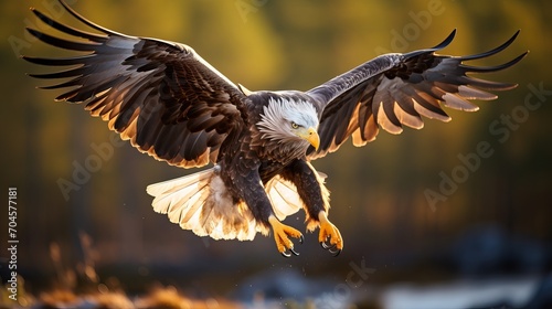 A white-tailed eagle is flying in the sunlight.