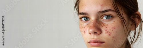 a portrait of a serious teenage girl with some acne on her face, closeup photo