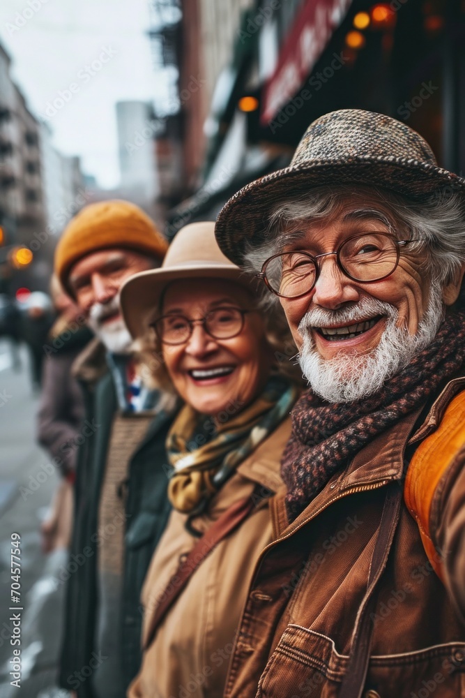 A photo of a group of elderly friends taking a selfie together, showcasing their laughter and camaraderie, with a cityscape background