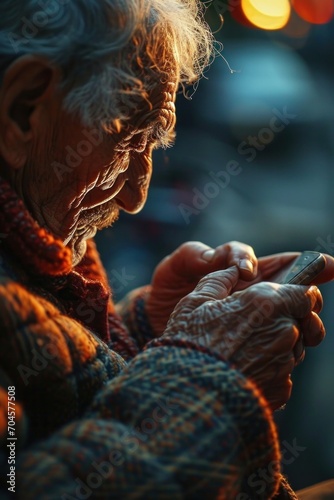 A close-up photo of an elderly man's hands using a smartphone, focusing on the contrast between the modern device and aged hands