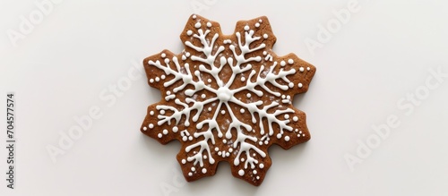 Isolated gingerbread cookie shaped like a snowflake on white background.