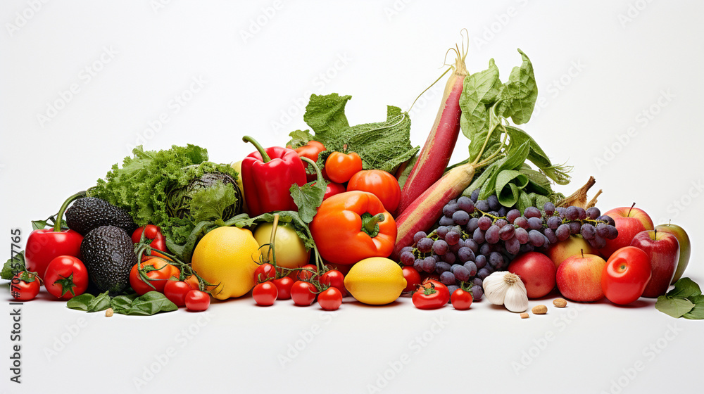 vegetables and fruits on a white background. Healthy food background.Generative AI vegetables and fruits on a white background. Healthy food background.Generative AI