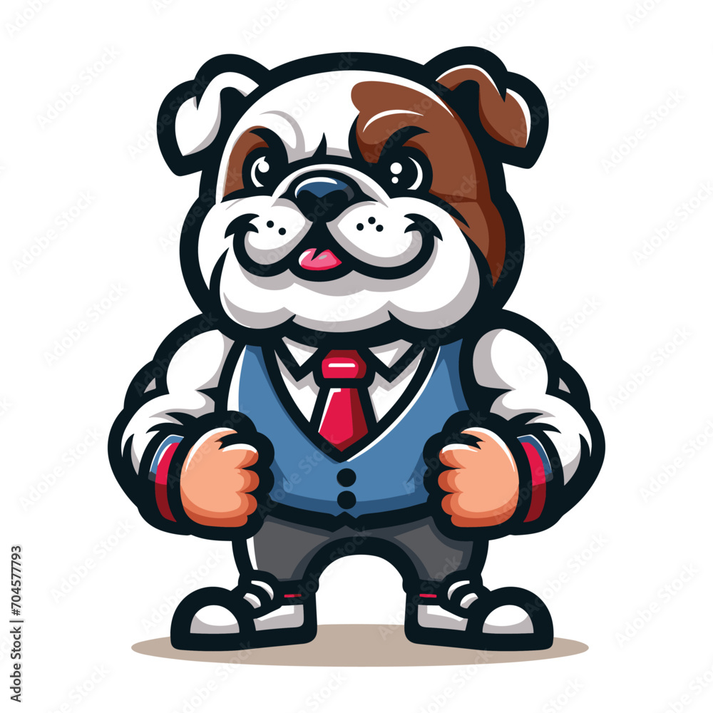 Fototapeta premium Cute cartoon bulldog puppy in school uniform mascot character design vector, logo template isolated on white background