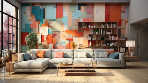 Modern living room interior with colorful abstract painting on the wall