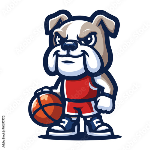 Cute cartoon bulldog puppy playing basketball mascot character design vector, logo template isolated on white background