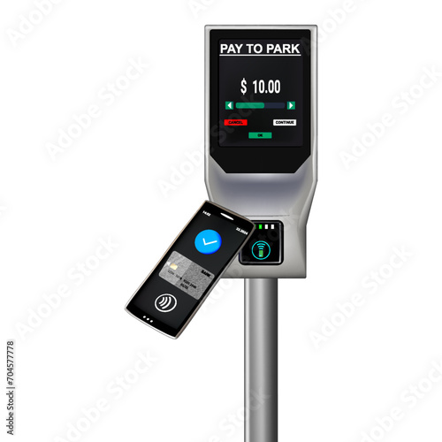 Parking meters.Parking lot with authorized parking machine.Self service parking pay.Wireless, contactless or cashless payments, rfid nfc