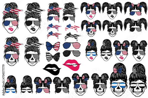 American Messy Bun Bundle, American Patriotic Mom Bun T-shirt, American Sunglasses Shirt, American Headband vector, Mom Life illustration, 4th of july silhouette file