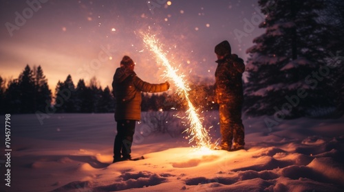 two burning sparklers in snow, new year, whishes, 16:9 photo