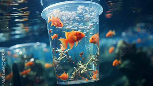 fish in a plastic cup, ocean pollution. The concept of hopelessness. Environmental pollution photo