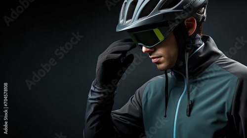 Focused male cyclist in a helmet and reflective green sunglasses adjusting his eyewear before a ride. 