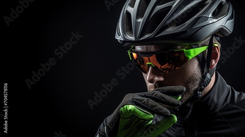 Serene cyclist in protective gear gazing towards the horizon, embodying a spirit of adventure. 