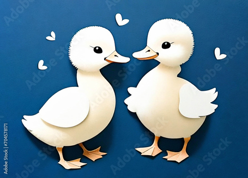 Two ducklings in love, paper cut style, blue background. Valentines Day card.