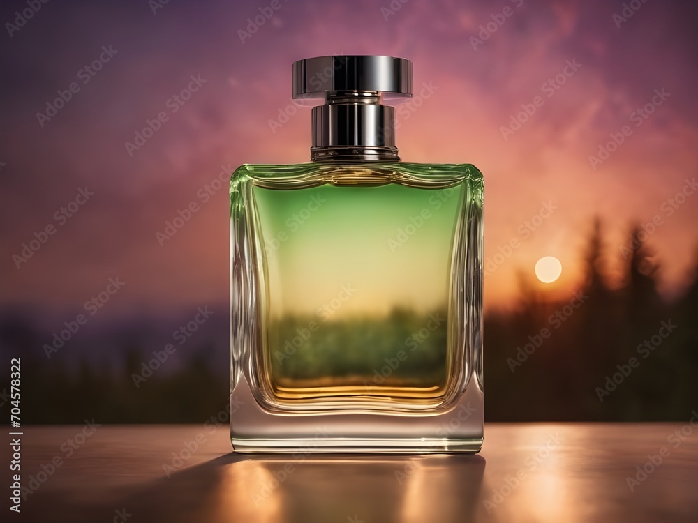 International Fragrance Day March 21. Closeup of Perfume bottle with cap isolated on neon background. Product Photography concept. Perfume bottle luxury design for banner, poster International Fragrance Day March 21. Closeup of Perfume bottle with cap isolated on neon background. Product Photography concept. Perfume bottle luxury design for banner, poster