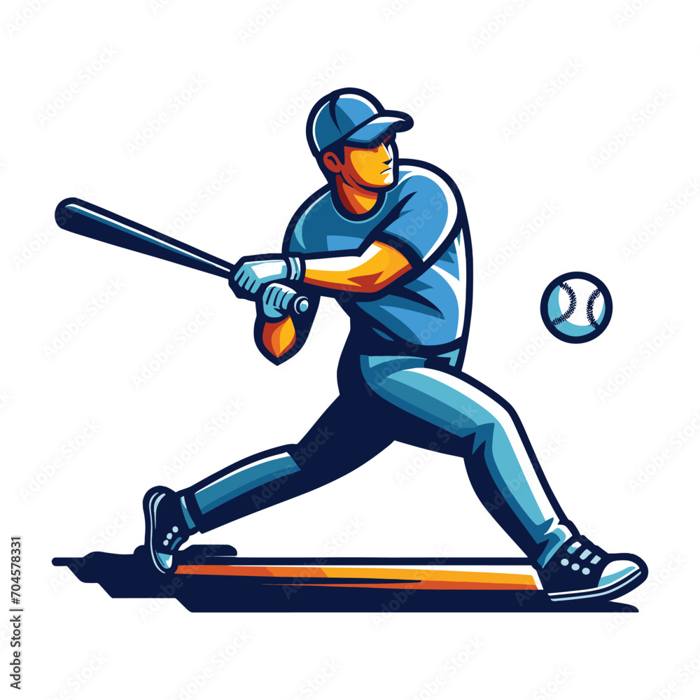 Fototapeta premium Baseball softball player in action vector illustration, hitter swinging with bat design template isolated on white background