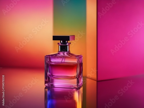 International Fragrance Day March 21. Closeup of Perfume bottle with cap isolated on neon background. Product Photography concept. Perfume bottle luxury design for banner, poster