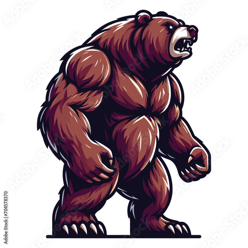 Strong body muscle wild beast grizzly bear mascot design vector illustration, logo template isolated on white background