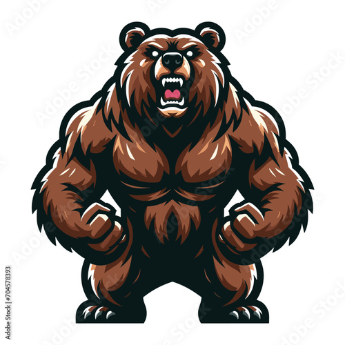 Strong body muscle wild beast grizzly bear mascot design vector illustration, logo template isolated on white background
