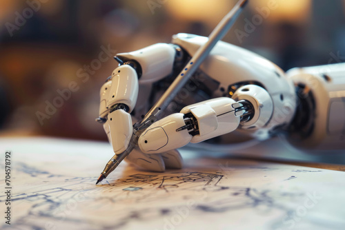 A robot hand draws a blueprint on paper, artificial intelligence draws photo