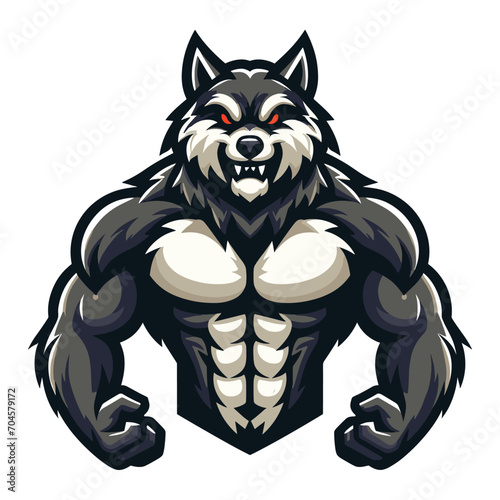 Strong body muscle wild beast wolf fox dog mascot design vector illustration, logo template isolated on white background