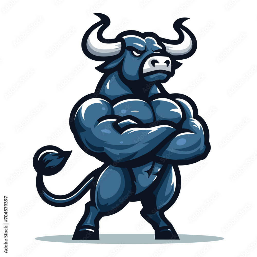 Strong athletic body muscle bull mascot design vector illustration, logo template isolated on white background