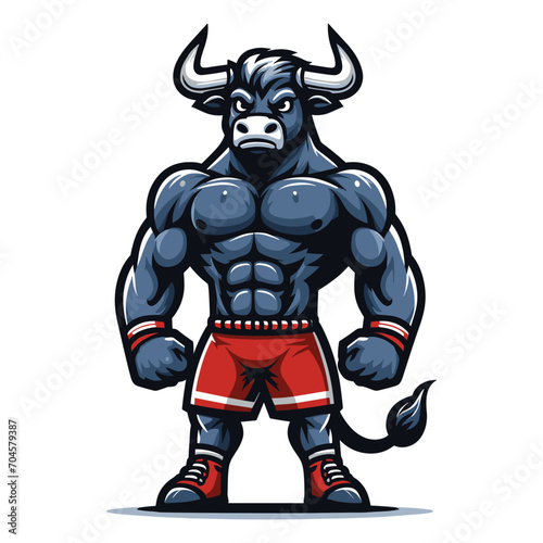 Strong athletic body muscle bull mascot design vector illustration, logo template isolated on white background © lartestudio