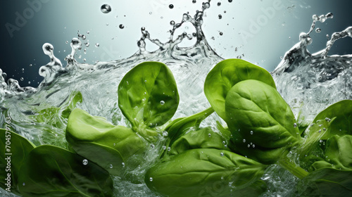 Smooth Fresh organic raw green Spinach leaf Vegetables falling into water and splashes created with Generative AI Technology