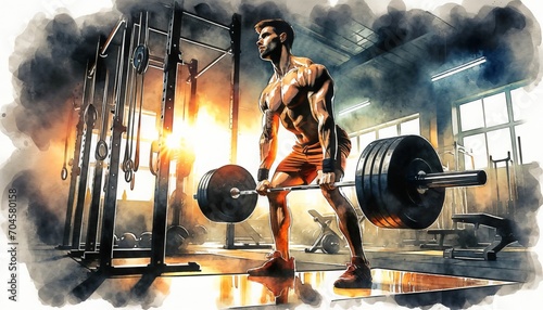 The image depicts a man performing a deadlift in a gym, highlighted by dramatic lighting. photo