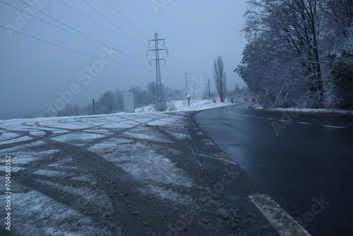 Snowy Road near the forest, winter background © jbproduction02