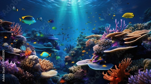 mesmerizing world of underwater wonders with a vivid scene showcasing tropical sea life, colorful fishes, and intricate coral reefs.