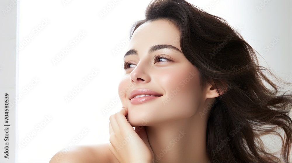Portrait of a beautiful young woman with long brown hair and a radiant smile Portrait of a beautiful young woman with long brown hair and a radiant smile