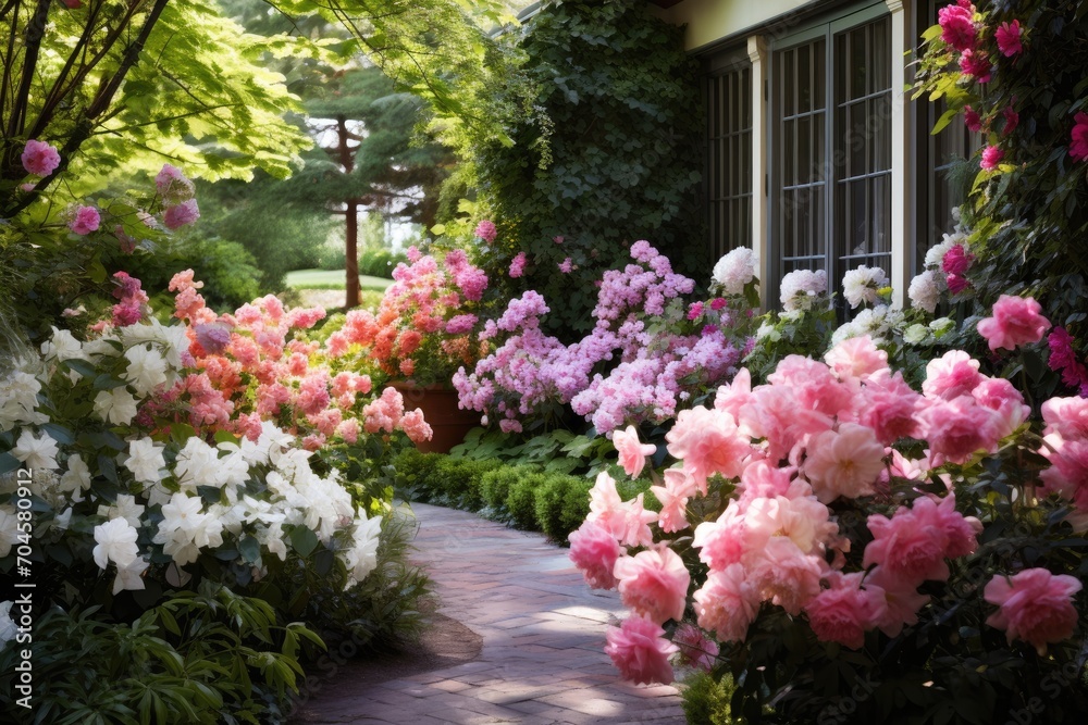A stunning garden with an abundance of pink and white flowers creates a vibrant and colorful display, A lush garden filled with mom's favorite flowers, AI Generated