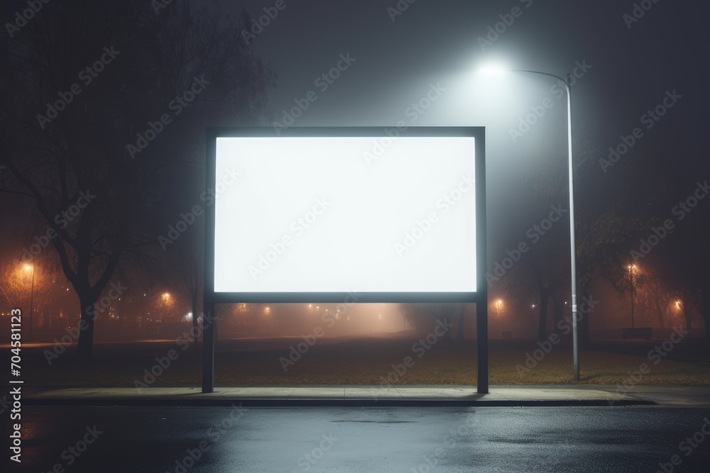 blank billboard emerges through the misty veil of a silent urban park, its bright surface a stark contrast to the soft, diffused city lights blank billboard emerges through the misty veil of a silent urban park, its bright surface a stark contrast to the soft, diffused city lights