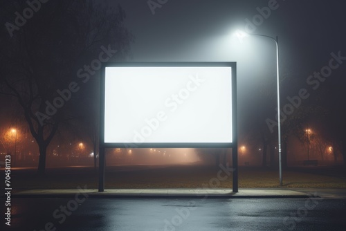 blank billboard emerges through the misty veil of a silent urban park, its bright surface a stark contrast to the soft, diffused city lights