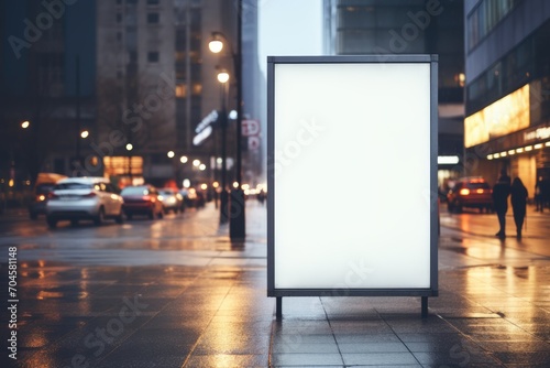 glowing blank billboard mockup stands on a rain slicked sidewalk, the city's evening pulse moving around it, in the bustling urban setting photo