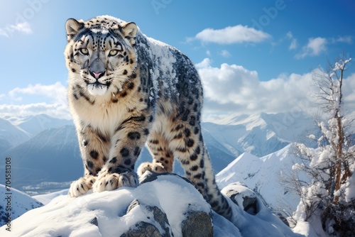 A snow leopard stands majestically on top of a mountain covered in pristine white snow, A majestic snow leopard prowling on a frost-covered mountain top, AI Generated
