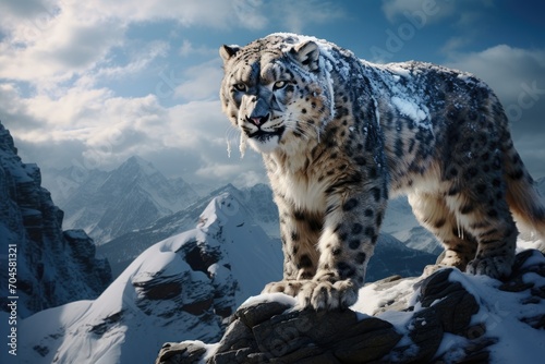 A majestic snow leopard stands proudly atop a glistening snow covered mountain, A majestic snow leopard prowling on a frost-covered mountain top, AI Generated