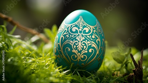 Close up of a turquoise Easter Egg in the Grass. Blurred natural Background
