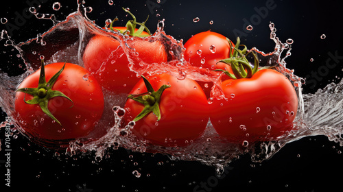 Smooth Fresh organic raw red Tomato Vegetables falling into water and splashes created with Generative AI Technology