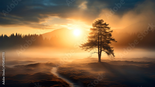 Tree and foggy sunrise