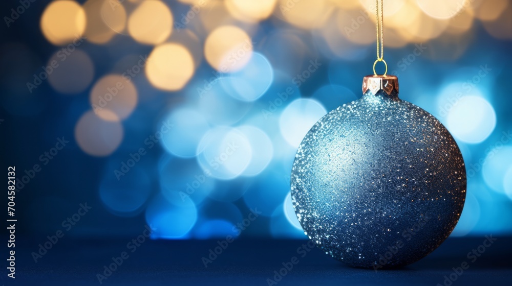 Fototapeta premium A Festive Blue Christmas Ornament Hanging from a String